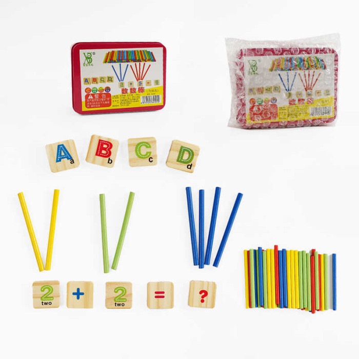 Дерев’яна математика C 65792 палички для лічби цифри та букви металева коробка у пакеті