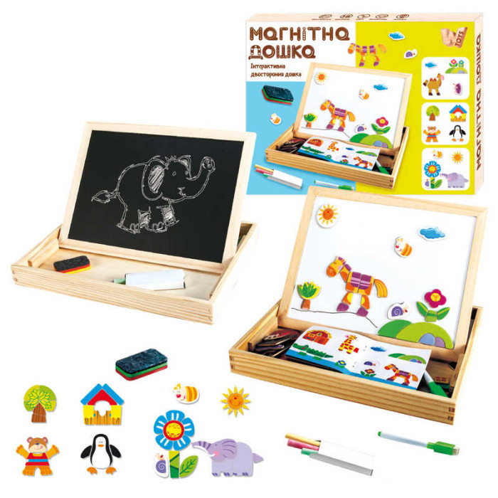 Деревяна магнітна дошка 97678 WToys магніти фломастер губка крейда