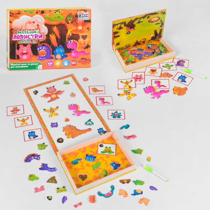 Деревяна гра 17037 Маленькі монстри 4FUN Game Club Wood 68 елементів пазли маркер магнітна дошка на укр мові 4FUN Game Club Wood