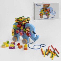 Деревяна каталка C 48174 Слоненя шнурівка брусочки