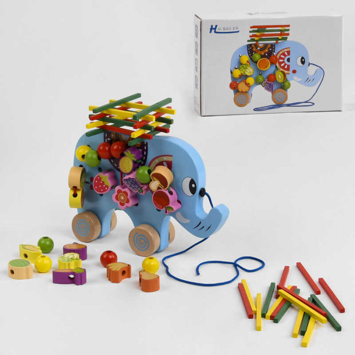 Деревянная каталка C 48174 Слоненок шнуровка брусочки