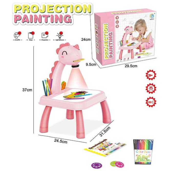 Столик з проєктором YM 2021-7 A “Динозаврик” 3 диски фломастери серветка на батарейках музика підсвітка