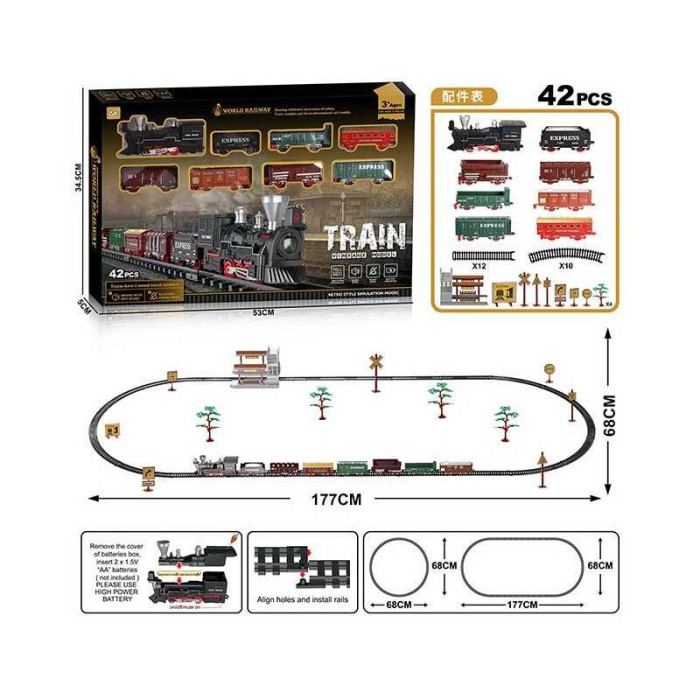 Железная дорога 9299-89 42 элемента 8 вагонов длиной 85 см дорога 177х68 см подсветка звук-беззвучный режим движение вперед на батарейках