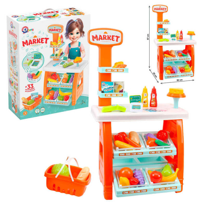 Іграшковий набір Маркет 0730 (3) Technok Toys 33 елементи наліпки гроші банківський термінал тортівниця продукти в коробці