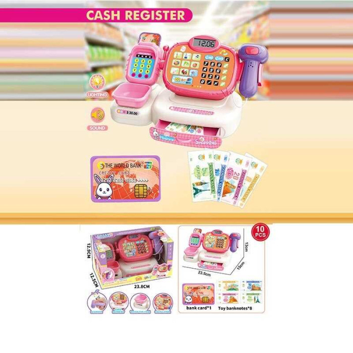 Касовий апарат 868-1 Н для дітей з підсвічуванням і звуком з висувною скринею купюрами і карткою в коробці 23х12х13 см