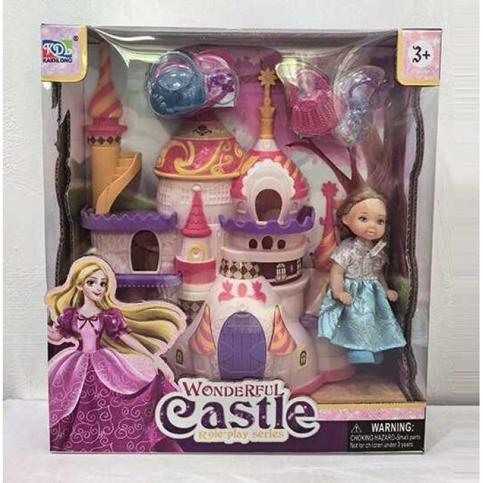 Замок з лялькою KDL 53 висота ляльки: 10 см шарнірні з'єднання знімна сукня аксесуари розмір замка: 14х19 відчиняються дверцята в коробці