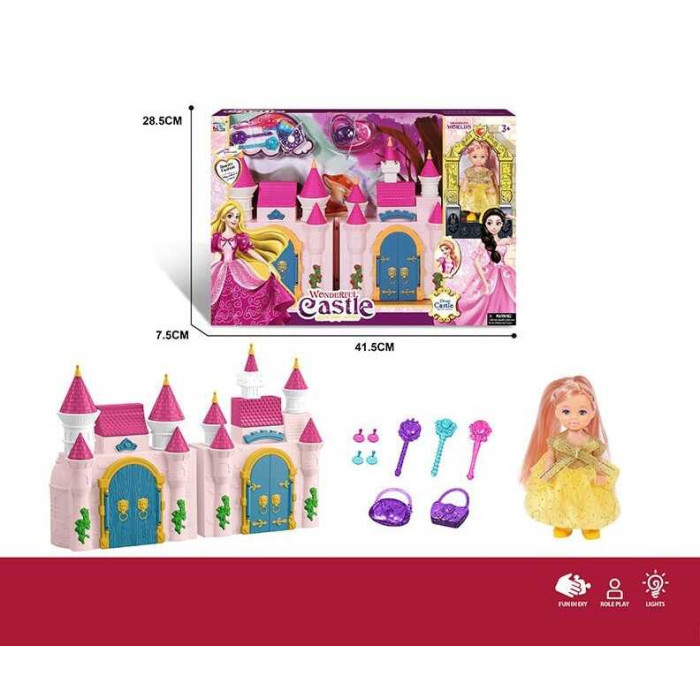 Замок з лялькою KDL 58 висота ляльки: 10 см шарнірні з'єднання знімна сукня аксесуари розмір замка: 30х18 мелодія підсвічування відчиняються дверцята в коробці