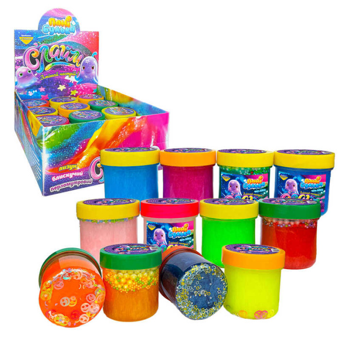 Слайм блискучий 32972 Пані Булька ЦІНА ЗА 12 ШТУК 120 г з наповненням середня банка 12 кольорів МІКС Пані Булька