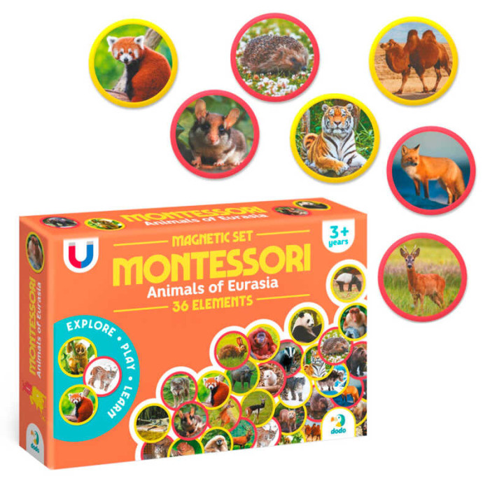 Магнітний набір Монтесорі Тварини на континентах: Євразія Dodo 36 елементів в коробці Dodo