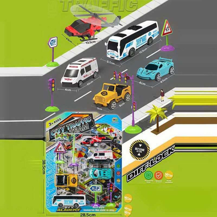 Набір машин 24610 автобус вертоліт джип спорткар швидка допомога дорожні знаки на листі