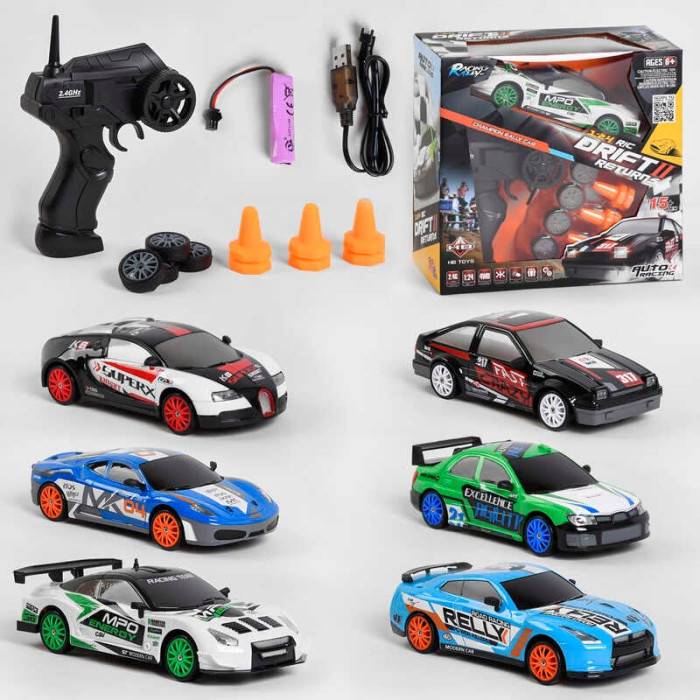 Машина на радіокеруванні SC 24 A 0712 6 кольорів акумулятор 37 V підсвічування фар 6 дорожніх конусів ВИДАЄТЬСЯ МІКС ВИДІВ