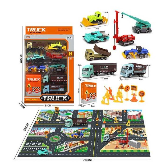 Набір машин KX 09-8 металопластик 8 шт будівельна техніка декорації карта з вулицями