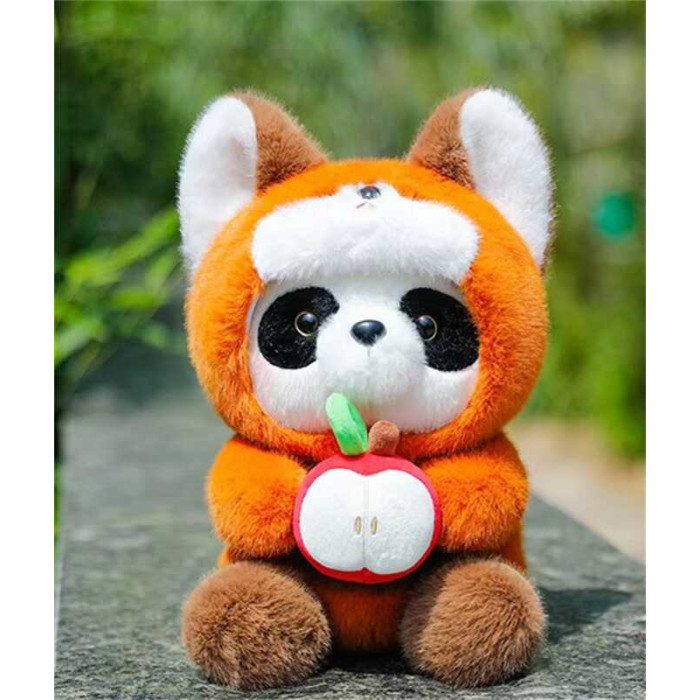 М`яка іграшка M 18550 Панда висота 34см сидяче положення знімний капюшон пластикові оченята тримає яблуко в лапках