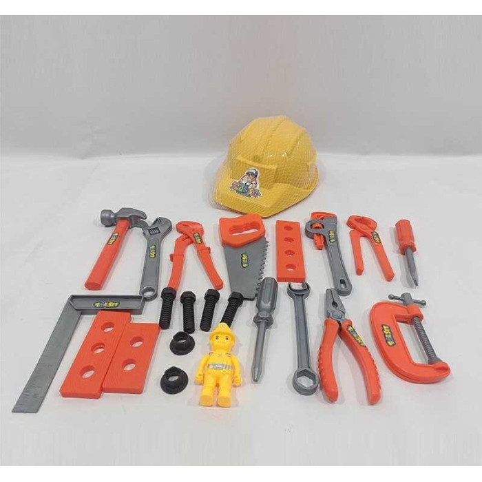 Набір інструментів 1399-15 каска фігурка ремонтувальника викрутка гайковий ключ плоскогубці молоток пила лінійка в сітці