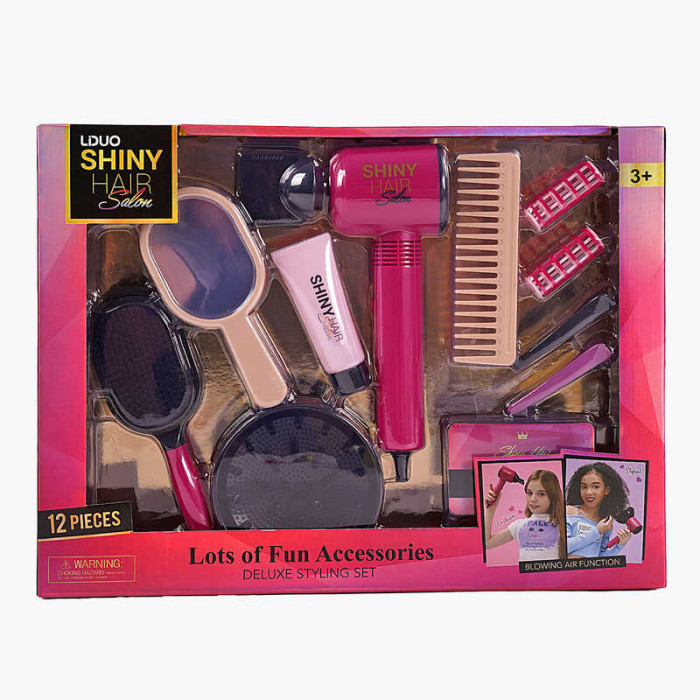 Детский набор парикмахера PlayfulBeauty 626016 - 12 аксессуаров фен 2 насадки бигуди заколки гребешок щетка зеркало коробка