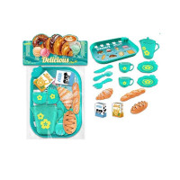 Набір продуктів 99013 таця 2 чашки 2 блюдця чайничок ніж ложка вилка круасан багет хліб коробочки з молоком і соком в пакеті