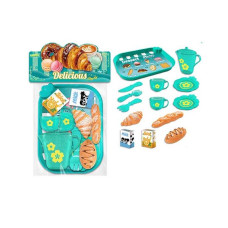 Набір продуктів 99013 таця 2 чашки 2 блюдця чайничок ніж ложка вилка круасан багет хліб коробочки з молоком і соком в пакеті