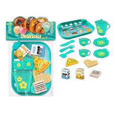 Набір продуктів 99014 таця 2 чашки 2 блюдця чайничок ніж ложка вилка шматок піци вафля коробочки з молоком і соком в пакеті