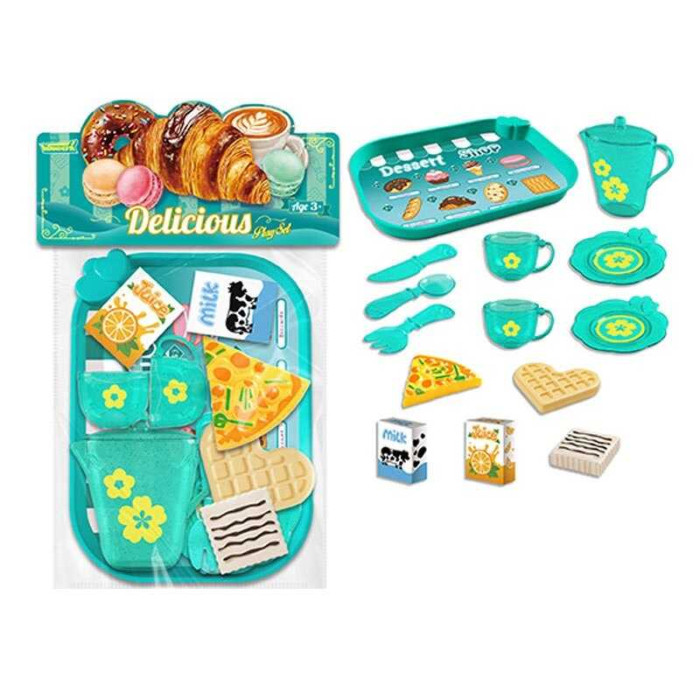 Набір продуктів 99014 таця 2 чашки 2 блюдця чайничок ніж ложка вилка шматок піци вафля коробочки з молоком і соком в пакеті