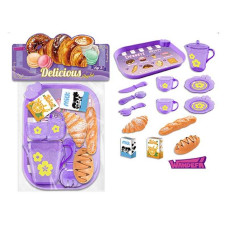 Набір продуктів 99001 таця 2 чашки 2 блюдця чайничок ніж ложка вилка круасан багет хліб коробочки з молоком і соком в пакеті