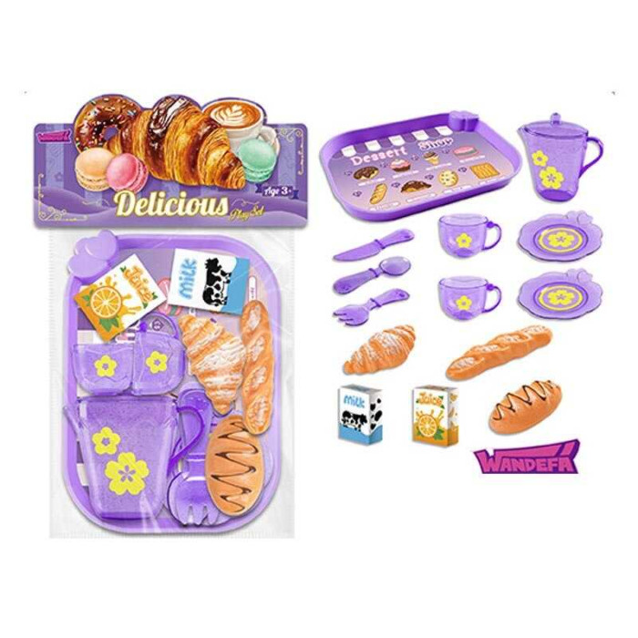 Набір продуктів 99001 таця 2 чашки 2 блюдця чайничок ніж ложка вилка круасан багет хліб коробочки з молоком і соком в пакеті