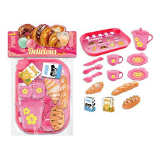 Набір продуктів 99007 таця 2 чашки 2 блюдця чайничок ніж ложка вилка круасан багет хліб коробочки з молоком і соком в пакеті