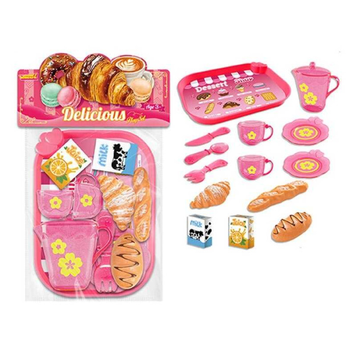 Набір продуктів 99007 таця 2 чашки 2 блюдця чайничок ніж ложка вилка круасан багет хліб коробочки з молоком і соком в пакеті