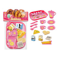 Набір продуктів 99008 таця 2 чашки 2 блюдця чайничок ніж ложка вилка шматок піци вафля коробочки з молоком і соком в пакеті
