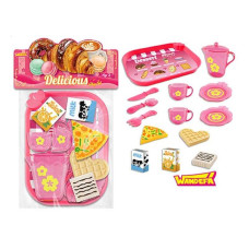 Набір продуктів 99008 таця 2 чашки 2 блюдця чайничок ніж ложка вилка шматок піци вафля коробочки з молоком і соком в пакеті
