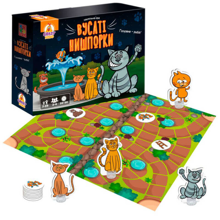 Гра настільна маршрутна Вусаті нишпорки VT8055-44 Vladi Toys гральне поле 16 жетонів 4 фігурки котів 4 підставки гральний кубик правила гри в коробці Vladi Toys