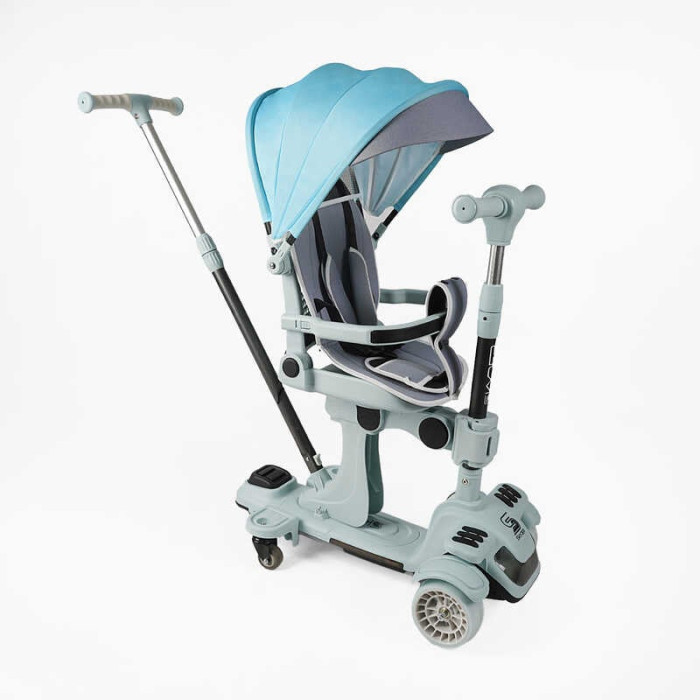 Самокат 5в1 Skyper BL-61020 колеса PU125х40мм с светом с капюшоном поворотное сиденье с ДОП КОЛЕСАМИ защитный бампер Skyper