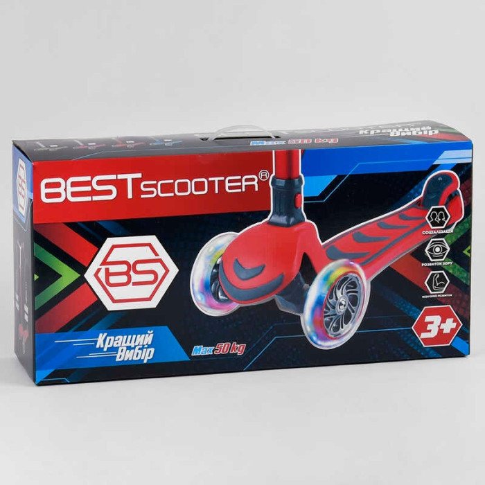 Самокат трехколесный Y-00325 Best Scooter КРАСНЫЙ складной алюминиевый руль 4 колеса PU со светом d=12 см Best Scooter
