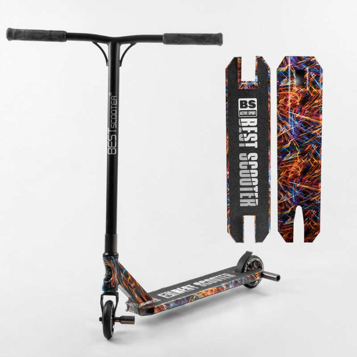 Самокат трюковый Best Scooter BS-77350 HIC-система ПЕГИ алюминиевый диск и дека с ПРИНТОМ колёса PU d=110мм ширина руля - 60 см Best Scooter