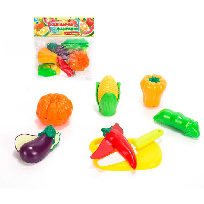 Набір продуктів “Кулінарна фантазія” 559933 WToys 14 елементів овочі на липучках дошка для нарізання ніж у пакеті WToys